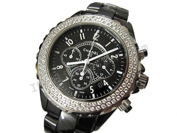 Chanel J12 Chronograph Diamonds, Real Ceramic Case And Braclet Replica Watch - Click Image to Close